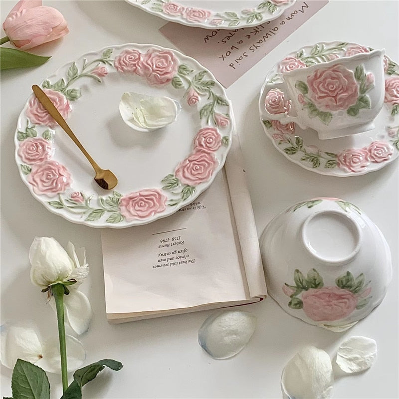 Pink Rose Coffee Cup Mug Afternoon Tea Cups Home Party Cafe Cake Plate Dessert Saucer Kitchen Accessories