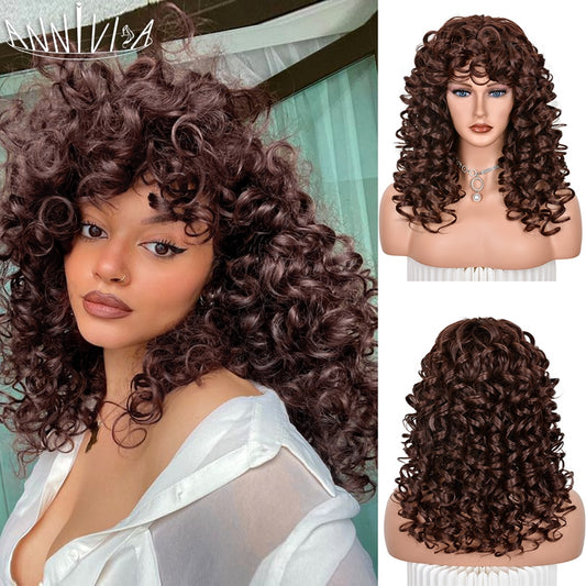 Red Brown Curly wigs with Bangs Natural Synthetic Long Wavy Wigs for Women Afro Cosplay Daily Heat Resistant Hair Wig