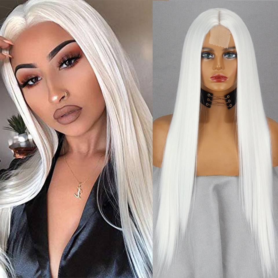 Long Straight White Natural Wigs Middle Part Heat Resistant Synthetic Wigs Suitable for African Women Daily Cosplay Halloween Wig