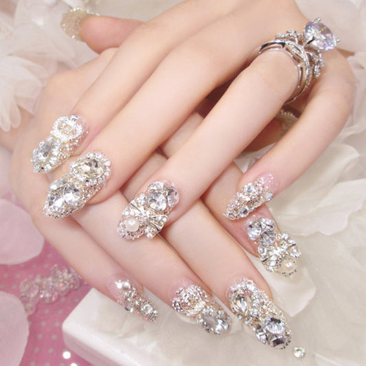 24Pcs/box Luxe Shining Rhinestone Wedding False Nails Transparent Glitter Gems Crown Designed Square Full Short nails Bride