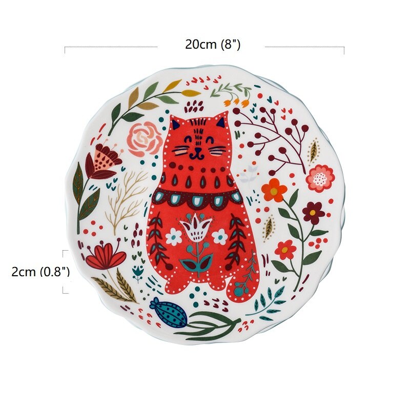 8 Inches Ceramic Dinner Plates Japanese Hand-painted Cartoon Cat Plate Creative Colorful Household Dishes Dinnerware Tableware