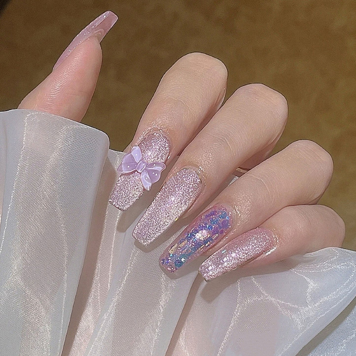 Super Shiny Sequins Fake Nails 24pcs Purple Glitter Coffin Artificial Nails Fashion Fairy Butterfly Full Cover False Nail Tips