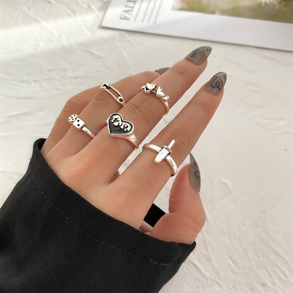 Punk Gothic Butterfly Snake Chain Ring Set for Women Black Dice Vintage Silver Plated Retro Rhinestone