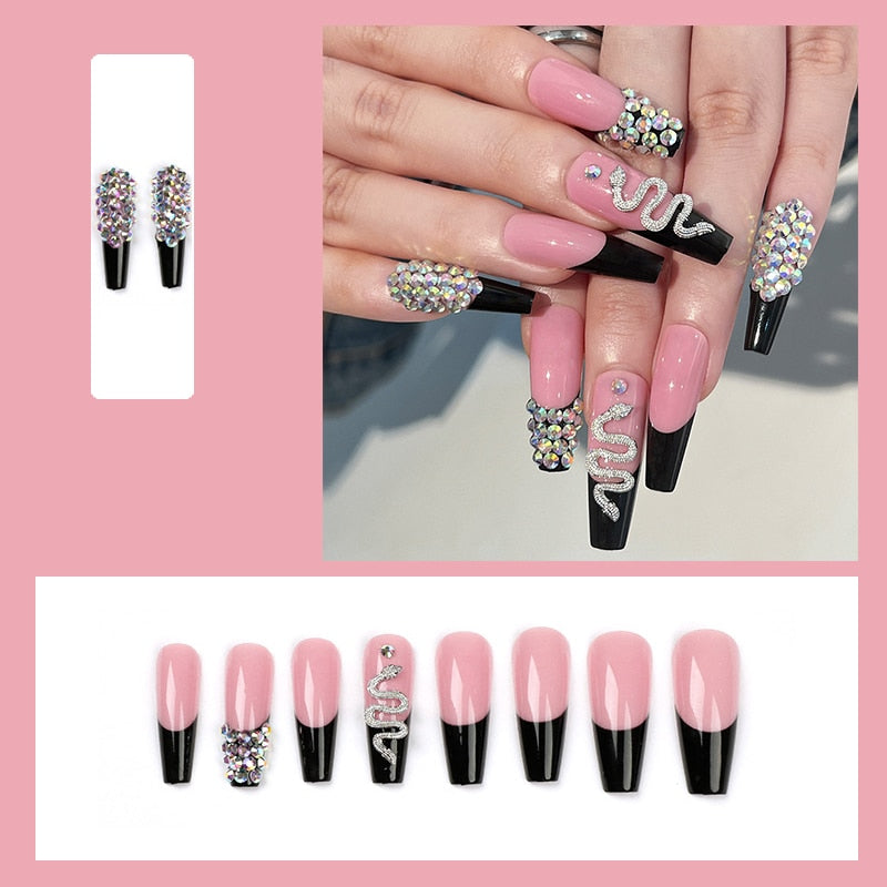 24pcs False Nails Nude Gradient Nail Patch Rhinestone Inlaid Press On Nails Removable Long Manicure nail tips