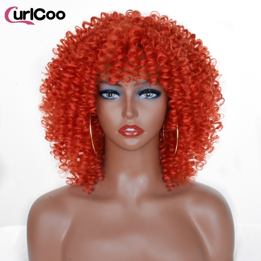 Short Afro Kinky Curly Wigs With Bangs For Women Synthetic Ombre Natural Heat Resistant Hair Brown Cosplay Highlight Wigs