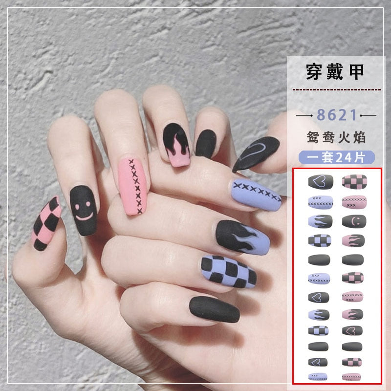 24pcs Pink Butterfly Pattern Fake Nails Full cover Glue DIY Manicure Nail