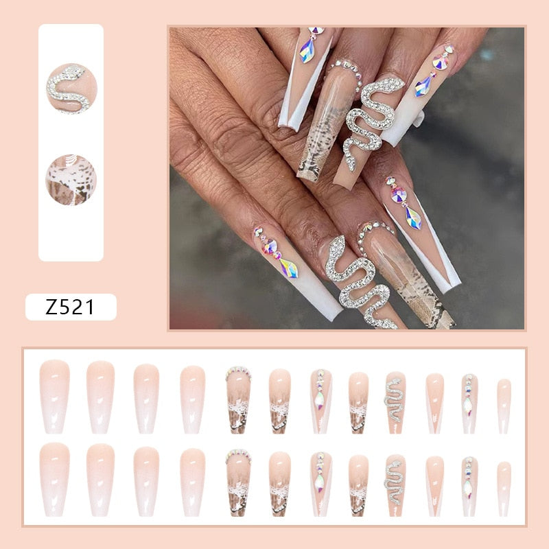 24pcs Long Press On Fake Nails French Designs With Snake Rhinestones Coffin False Nails Ballerina Manicure Full Cover Nail Tips