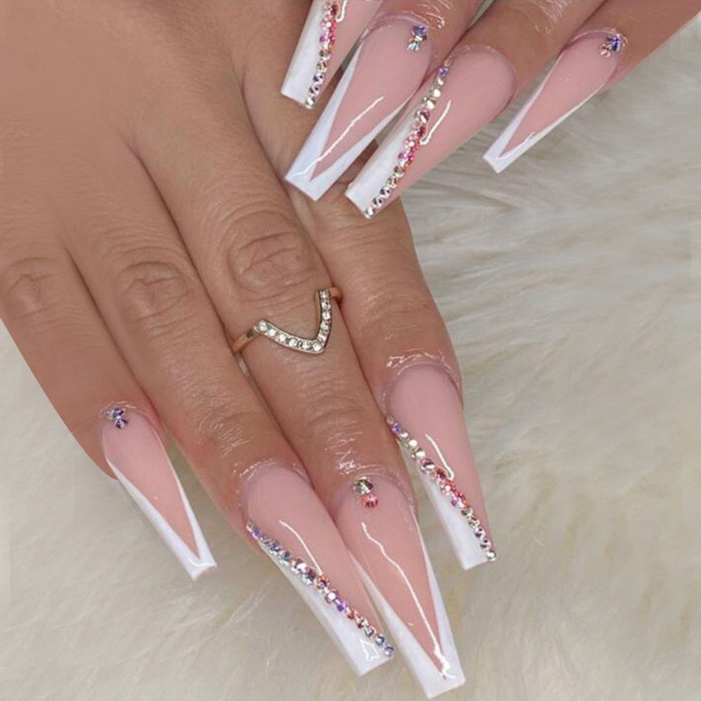 24pcs False Nails with glue flower design Long Coffin French Ballerina Fake Nails Full Cover acrylic Nail Tips Press On Nails