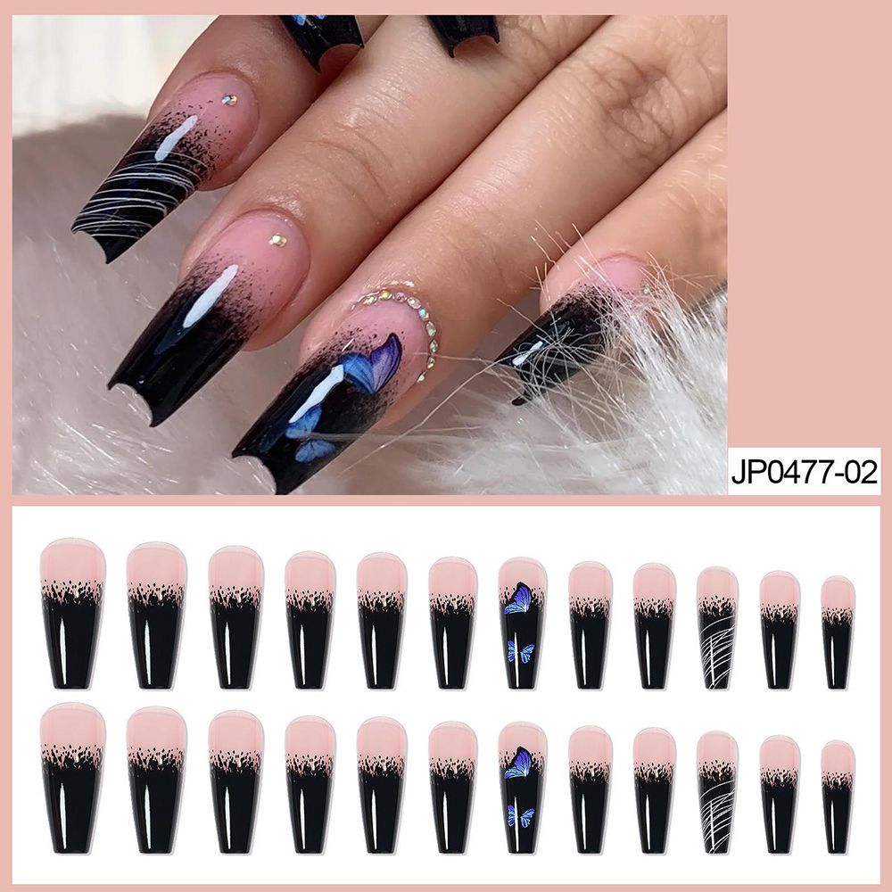 24pcs Long Ballet False Nail Full Cover Fake Nail Grey White Marble Design Nails Tip French Coffin Nails Press On Nails