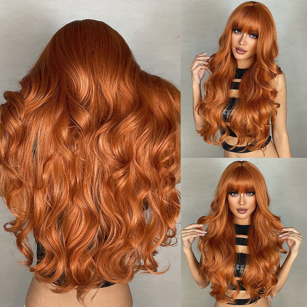 Ginger Orange Synthetic Wigs for Black Women Long Wavy Wigs with Bangs Cosplay Colored Hair Heat Resistant Body Wave Party Wig