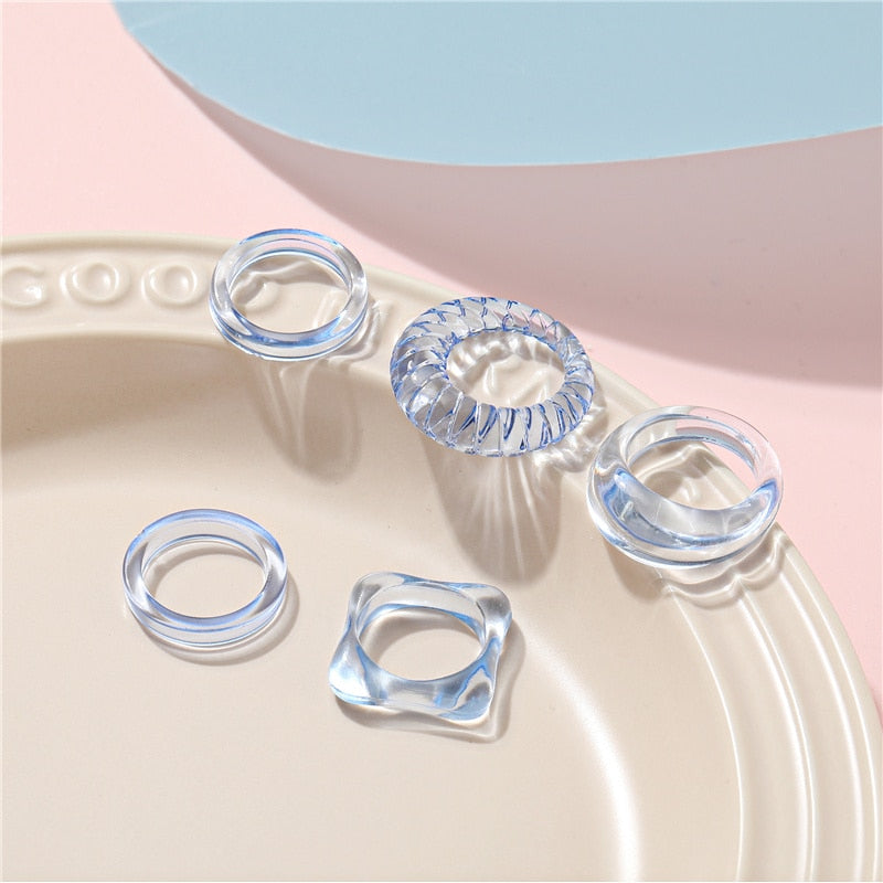 Colorful Transparent Resin Acrylic Crystal Rhinestone Simple Geometric Square Round Rings Set Jewelry