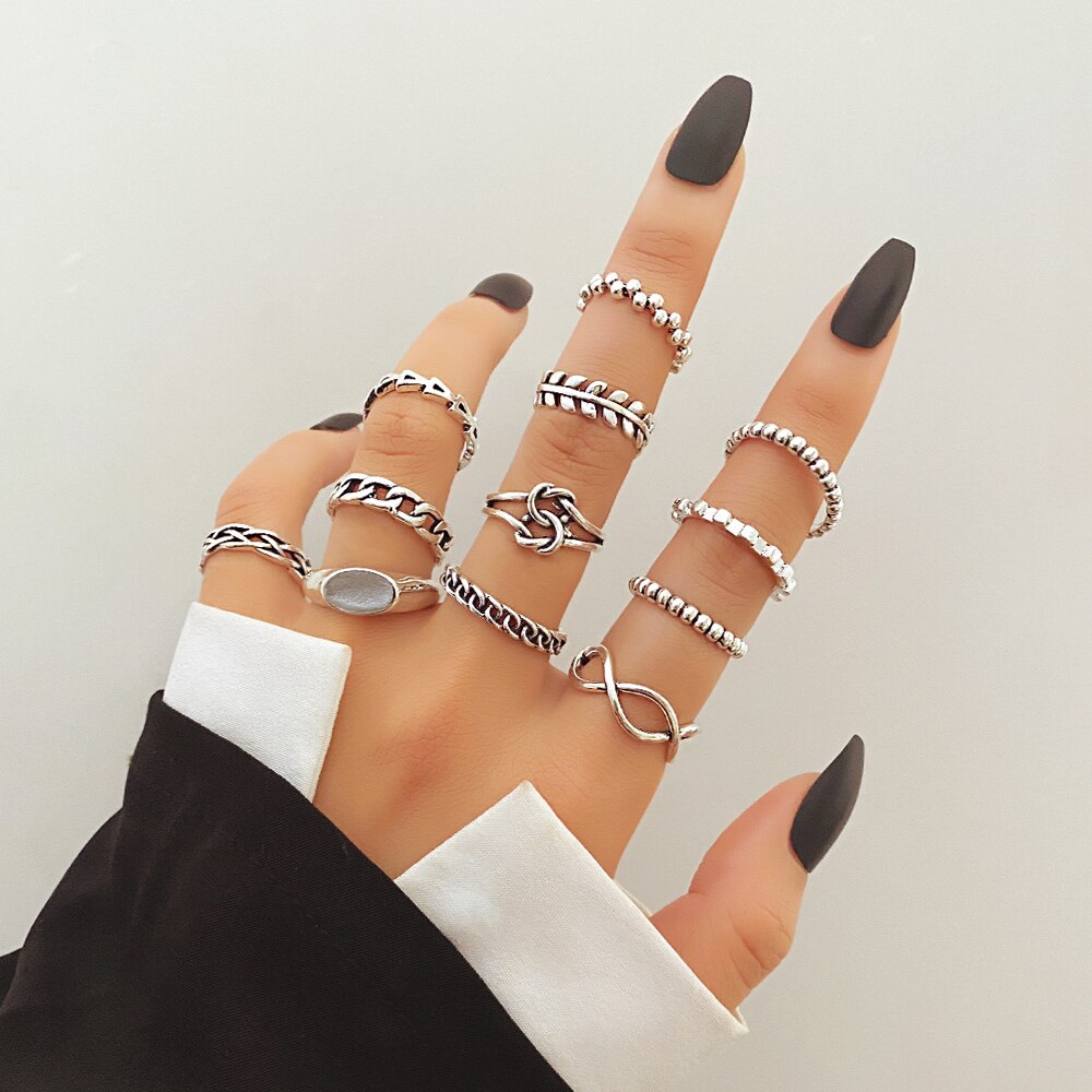 Punk Gothic Butterfly Snake Chain Ring Set for Women Black Dice Vintage Silver Plated Retro Rhinestone