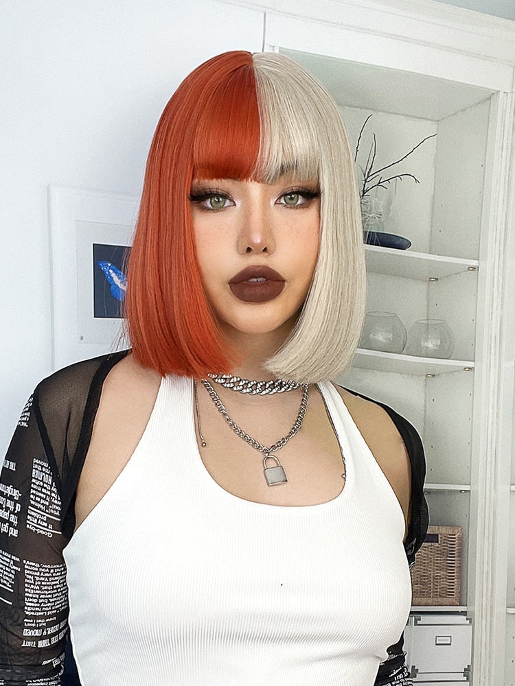 Blonde Red Short Bob Wig Synthetic Wig For Women With Bangs Lolita Cosplay Party Natural Hair Heat Resistant Fiber Wigs