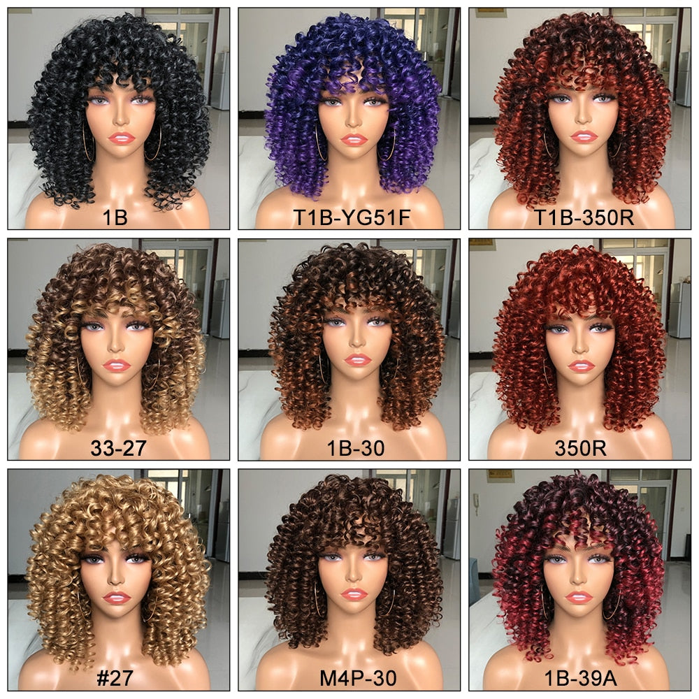 Short Hair Afro Kinky Curly Wigs With Bangs For Women Fluffy Synthetic Ombre Glueless Cosplay Natural highlight Blonde Wig