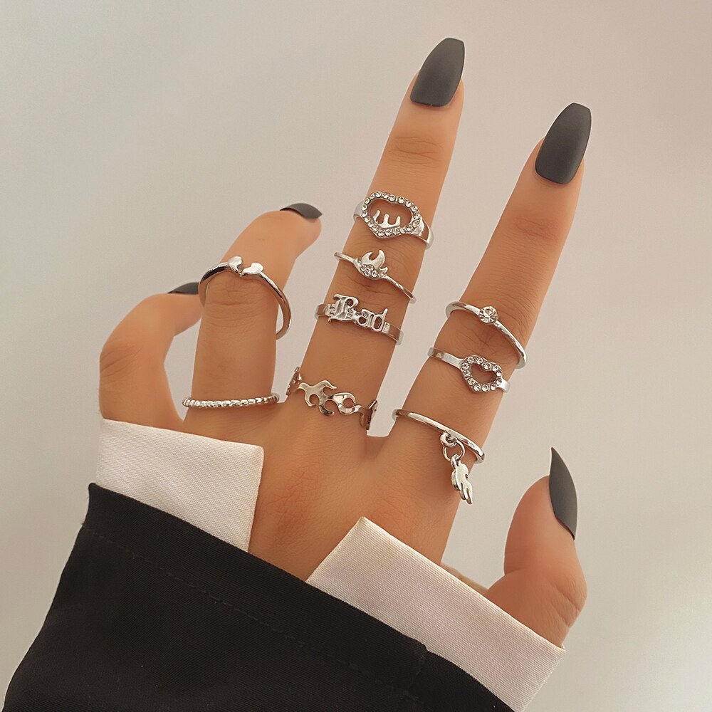 Punk Gothic Butterfly Snake Chain Ring Set for Women Black Dice Vintage Silver Plated Retro Rhinestone