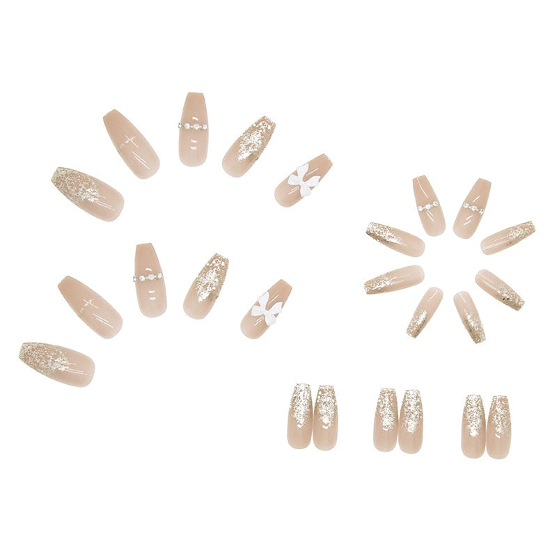 24pcs Artificial Diamond Elegant Flesh-colored Nail Art With Bowknot Fake Nails Long False Nails With Glue With Wearing Tools