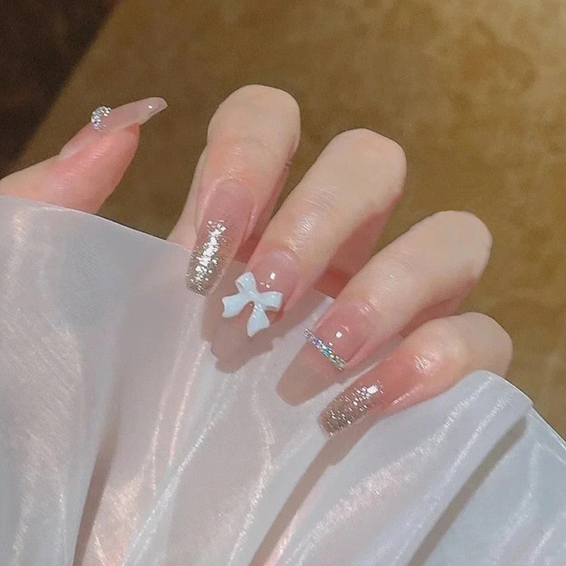 24pcs Artificial Diamond Elegant Flesh-colored Nail Art With Bowknot Fake Nails Long False Nails With Glue With Wearing Tools