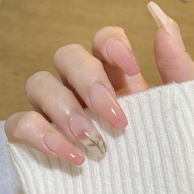 24pcs Long gradient nude false nail with glue simple artifical press on nails acrylic nails natural stick on nails set