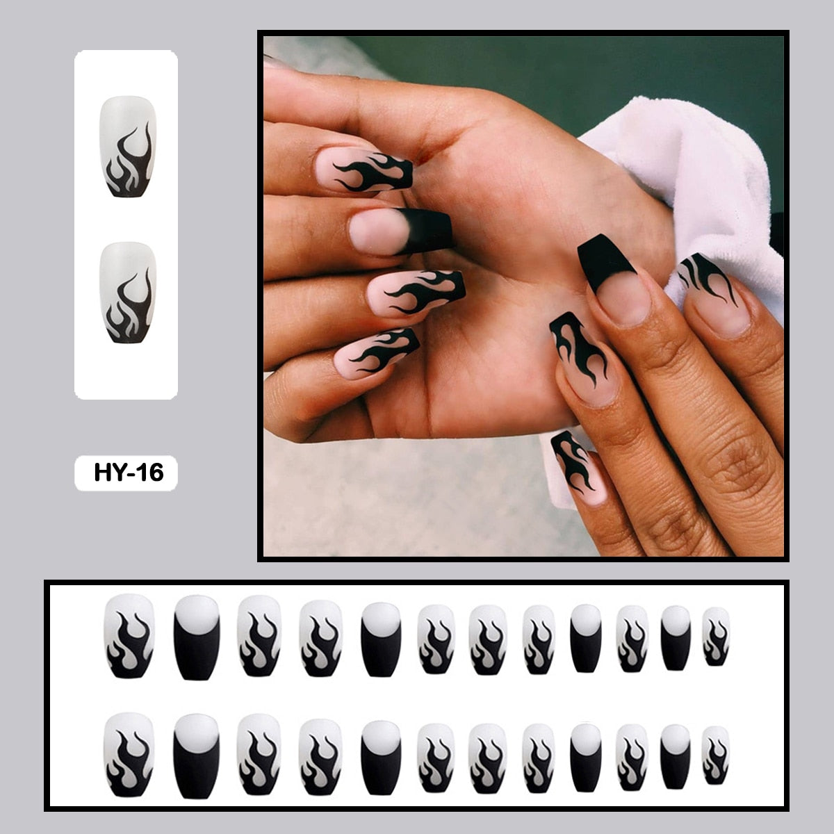 24PCS Dark Punk False Nails with Glue Gradient Long Detachable Fire Stick on Nails Skull Flame  Art DIY Fashion Manicure Tool