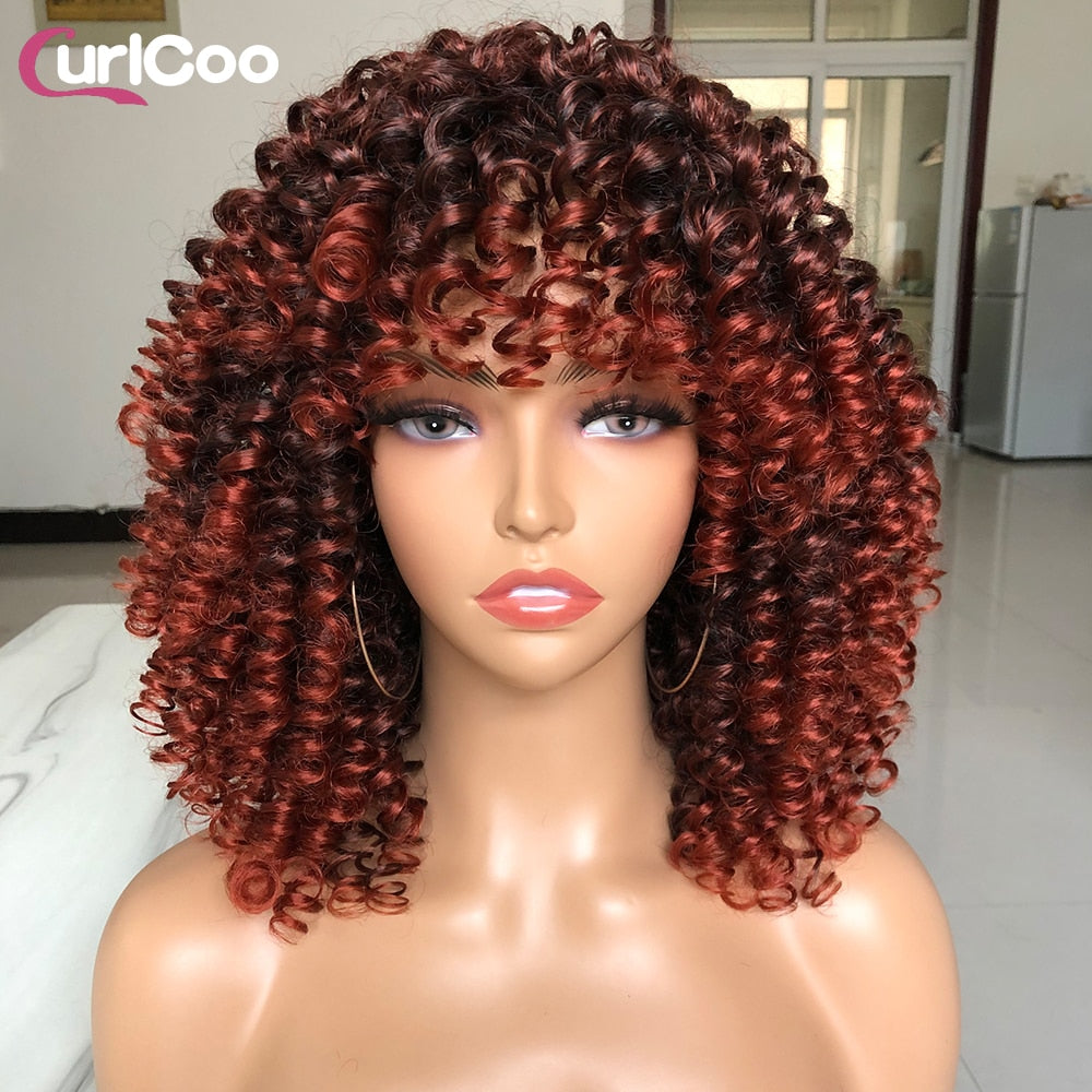 Short Hair Afro Kinky Curly Wigs With Bangs For Women Fluffy Synthetic Ombre Glueless Cosplay Natural highlight Blonde Wig