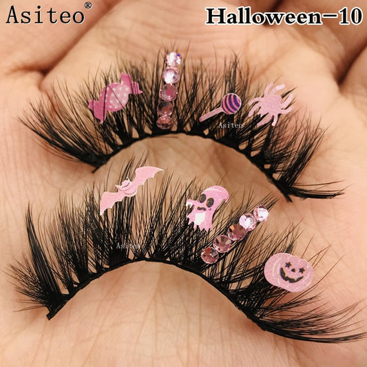 Halloween Fluorescence Glitter Colored Lashes Trick or Treat Bat Witch Pumpkin Soft Exaggerated Mink Eyelashes Party Makeup