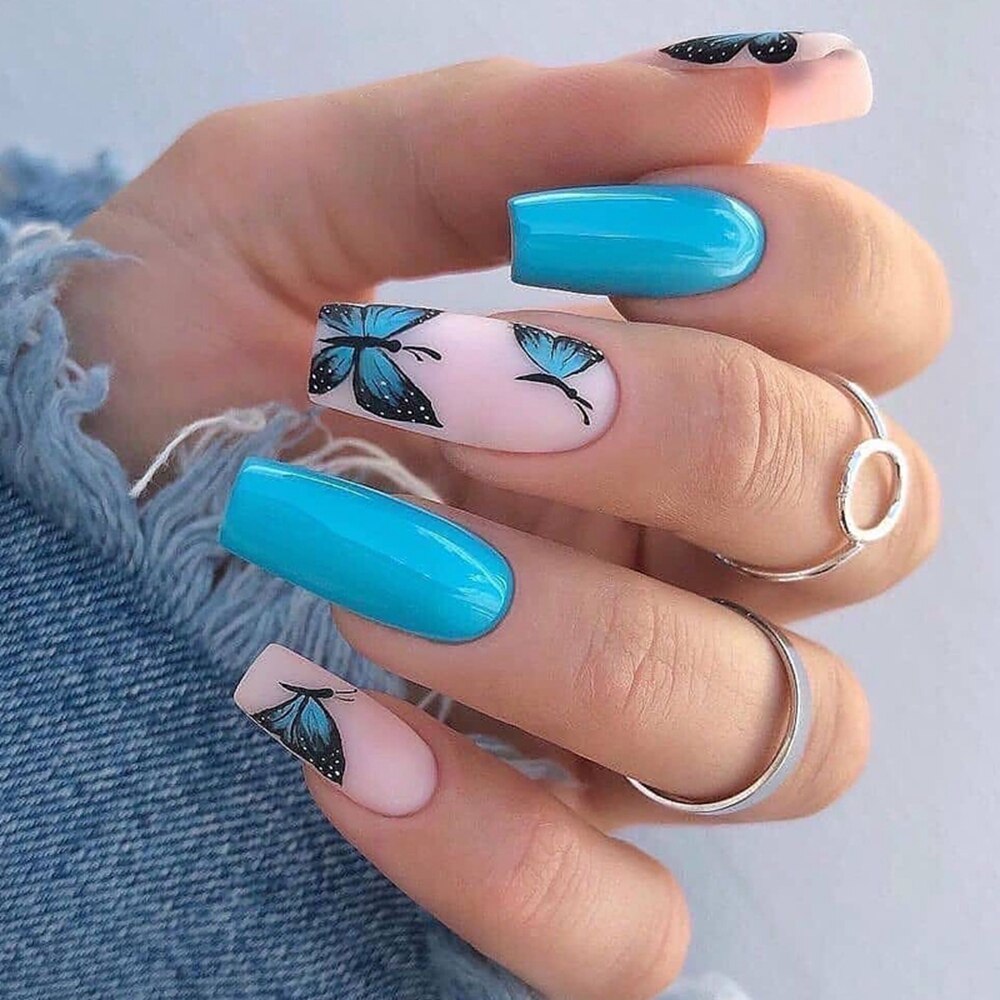 Nails with Blue Butterfly Designs