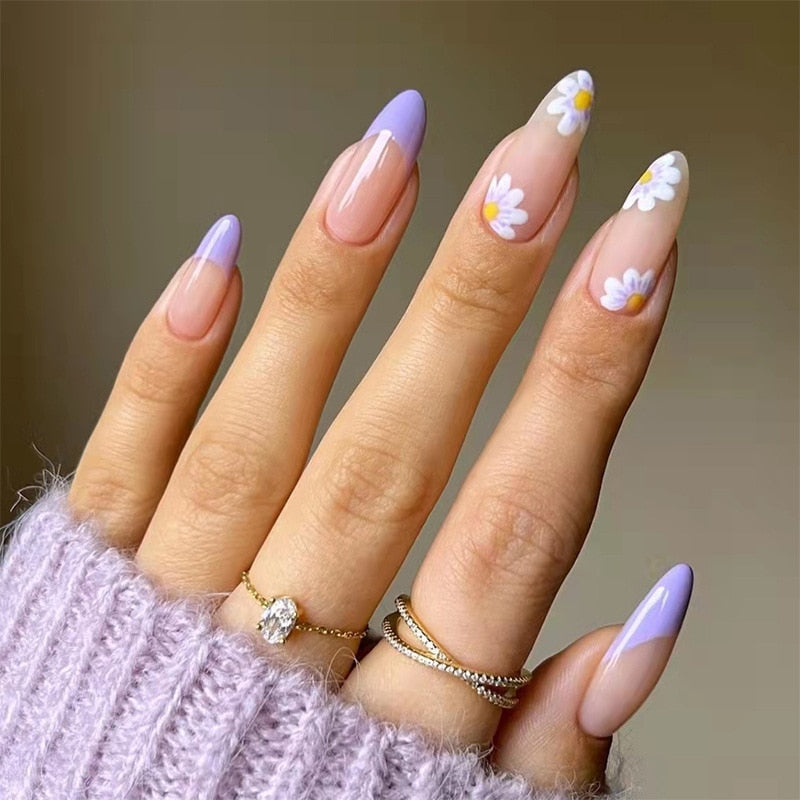 24pcs Fresh Lovely Pink Purple Blue Summer Flower Water Drop Shaped Fake Nails With Glue Wearable False Nails With Wearing Tools