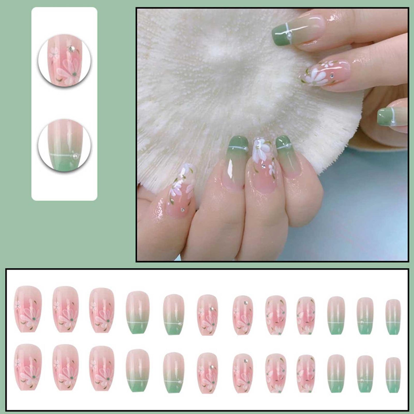 24pcs/set French Nail Ballet False Nails Long Flower Bow Nail Decor Press On Fake Nails Tips With Glue Sticker Nail