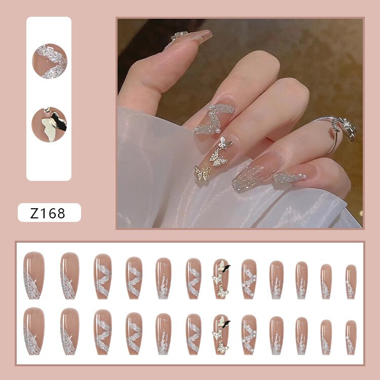 24pcs Long gradient nude false nail with glue simple artifical press on nails acrylic nails natural stick on nails set