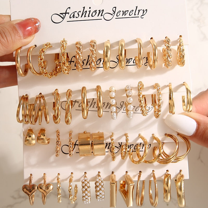 17KM Gold Color Twist Hoop Earrings Set for Women Girls Heart Pearl Metal Earring