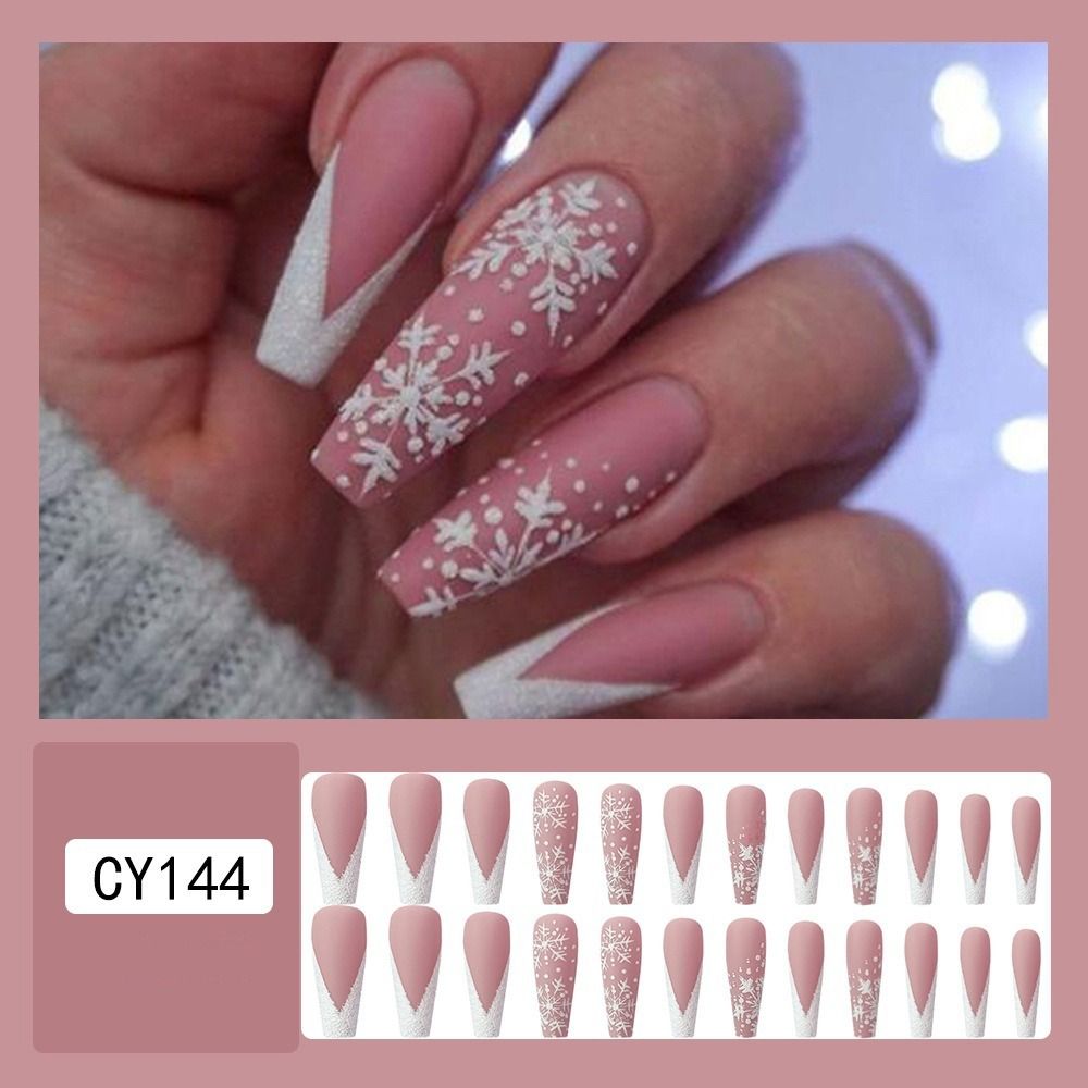 24pcs Christmas Fake Nails Long Coffin Ballerina False Nails with Love Heart Designs French Nail Art Tip Press on Nails Manicure