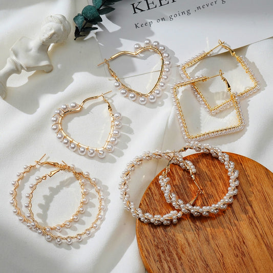 White Boho Imitation Pearl Round Circle Hoop Earrings Gold Color Big Earrings