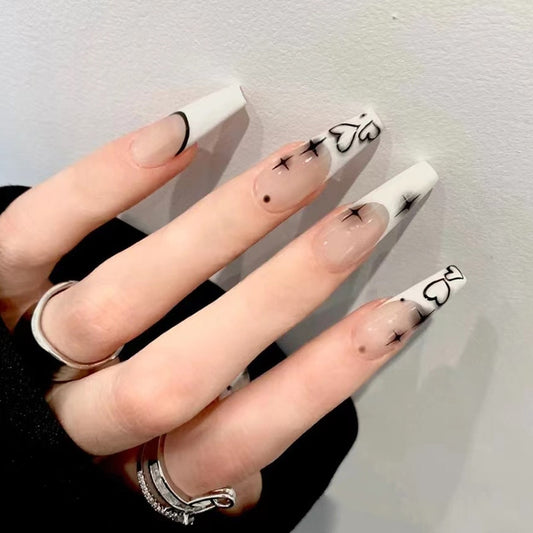 24pcs removeable y2k false nails with heart designs full cover french fake nail patch acrylic press on nails stick on white nail