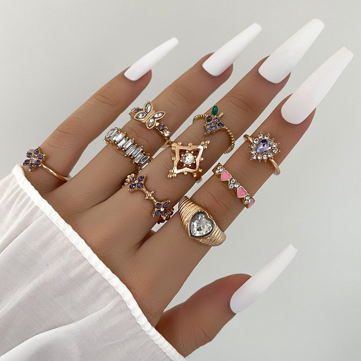 Bohemian Geometric Rings Sets Crystal Star Moon Flower Butterfly Constellation Knuckle Finger Ring Set For Women Jewelry