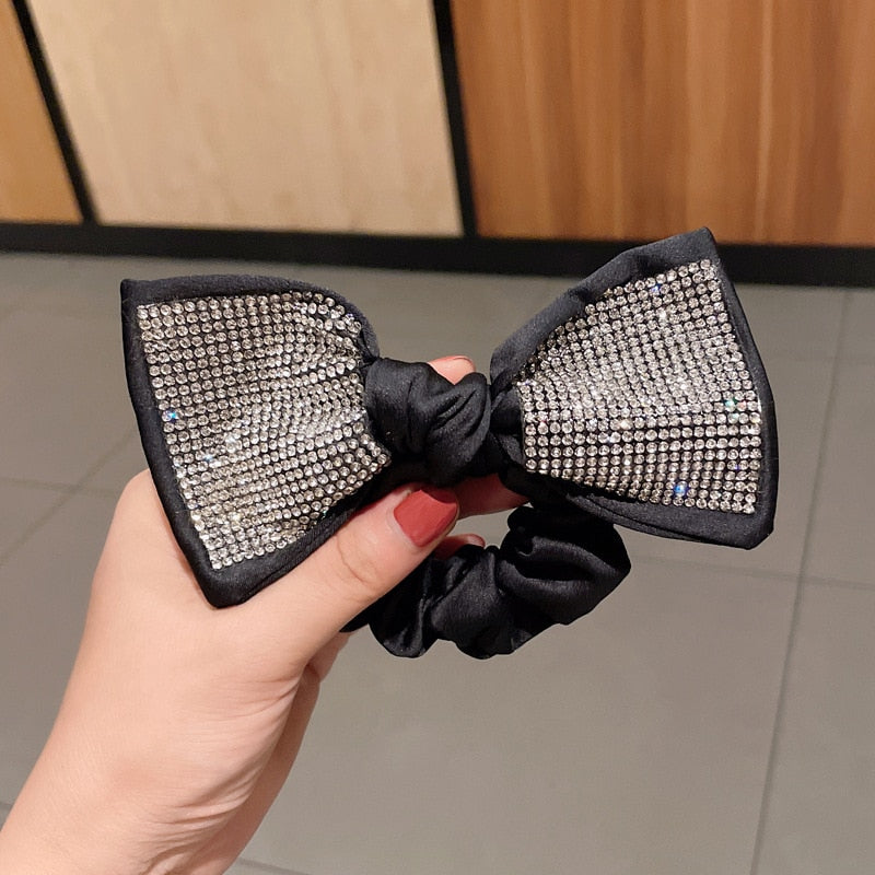 Elegant Bow Ribbon Scrunchies Fashion Ladies Simple Rhinestone Bow Wrap Hair Rope Design Ponytail Girl Hair Accessories