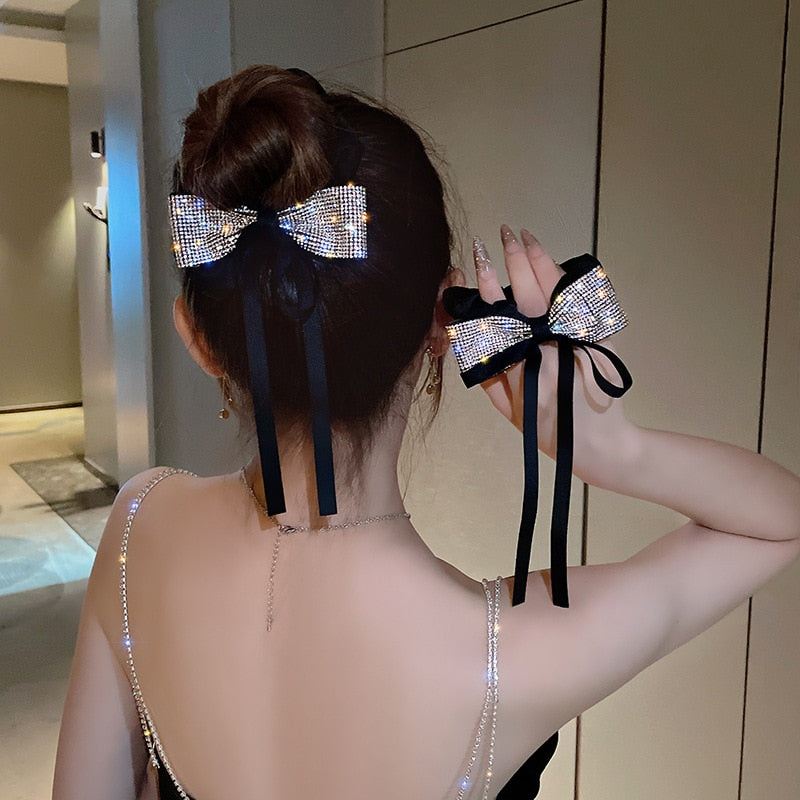 Elegant Bow Ribbon Scrunchies Fashion Ladies Simple Rhinestone Bow Wrap Hair Rope Design Ponytail Girl Hair Accessories