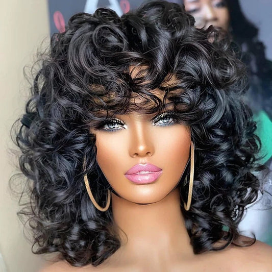 Afro Rose Curly Funmi Wigs with Bang Short Bouncy Curly Bob Wig With Bang Rose Curly Machine Made Human Hair Wig For Black Women