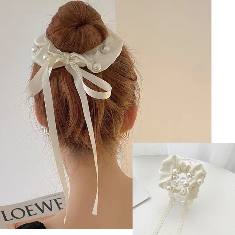 Elegant Bow Ribbon Scrunchies Fashion Ladies Simple Rhinestone Bow Wrap Hair Rope Design Ponytail Girl Hair Accessories