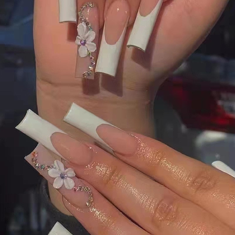 24pcs False Nails with glue flower design Long Coffin French Ballerina Fake Nails Full Cover acrylic Nail Tips Press On Nails