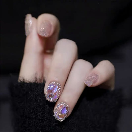 Short Fake Nails With Glitter Aurora Crystal Designs Pink Artificial Nails Wearable Full Cover Press on Nails 24pcs