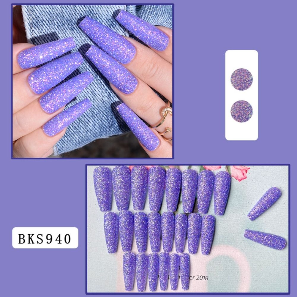 24pcs Long Ballet False Nail Full Cover Fake Nail Grey White Marble Design Nails Tip French Coffin Nails Press On Nails