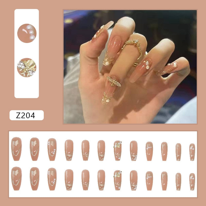 24Pcs Punk Babes Fake Nails With Glue Vintage Rhinestones Cross Design Long Ballet Coffin Press On Nails Detachable Manicure Tip