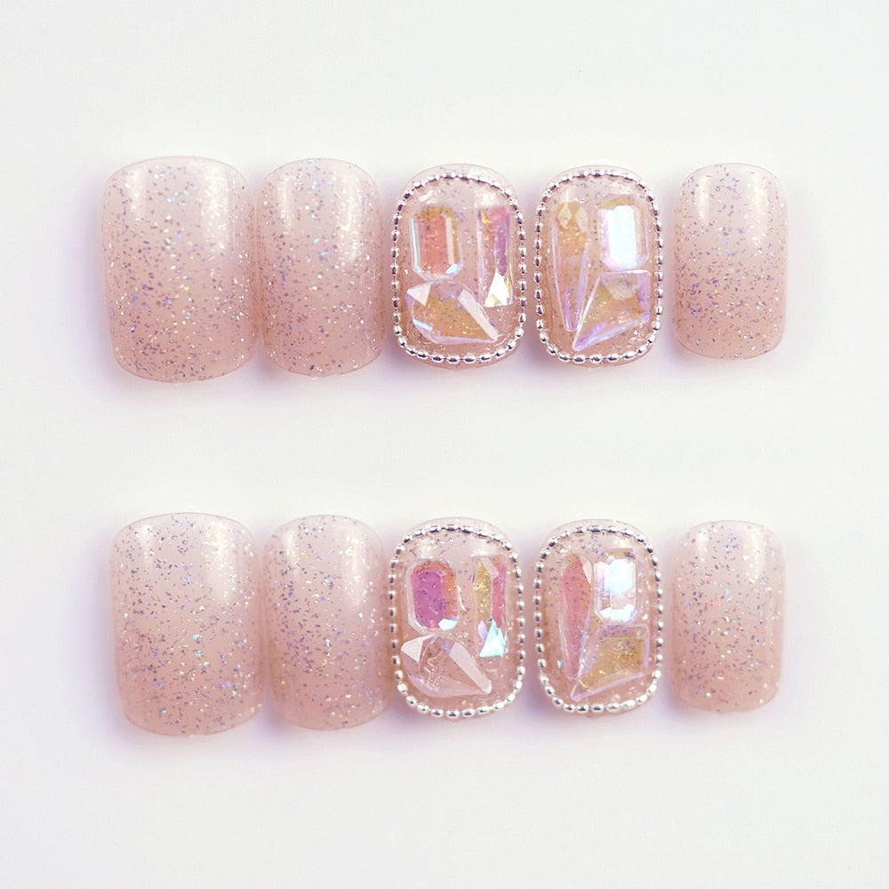 Short Fake Nails With Glitter Aurora Crystal Designs Pink Artificial Nails Wearable Full Cover Press on Nails 24pcs