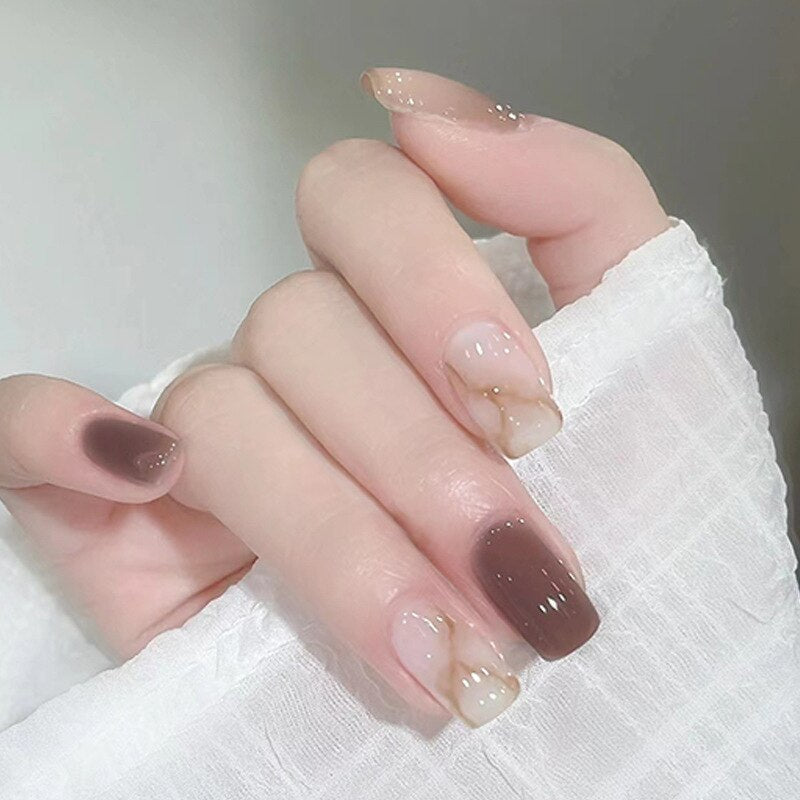 24pcs Long gradient nude false nail with glue simple artifical press on nails acrylic nails natural stick on nails set