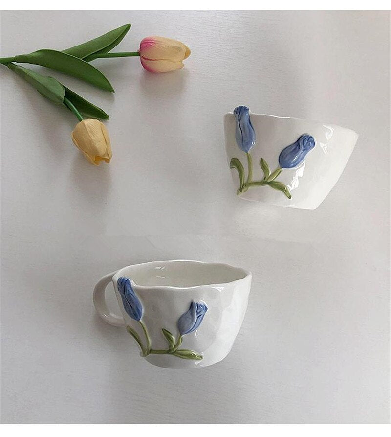 Creative Coffee Cup Ceramic Pink Tulip Flower Tea Mug Coffee Afternoon Tea Cup Cake Plate Assiettes Mariage Kitchen Accessories