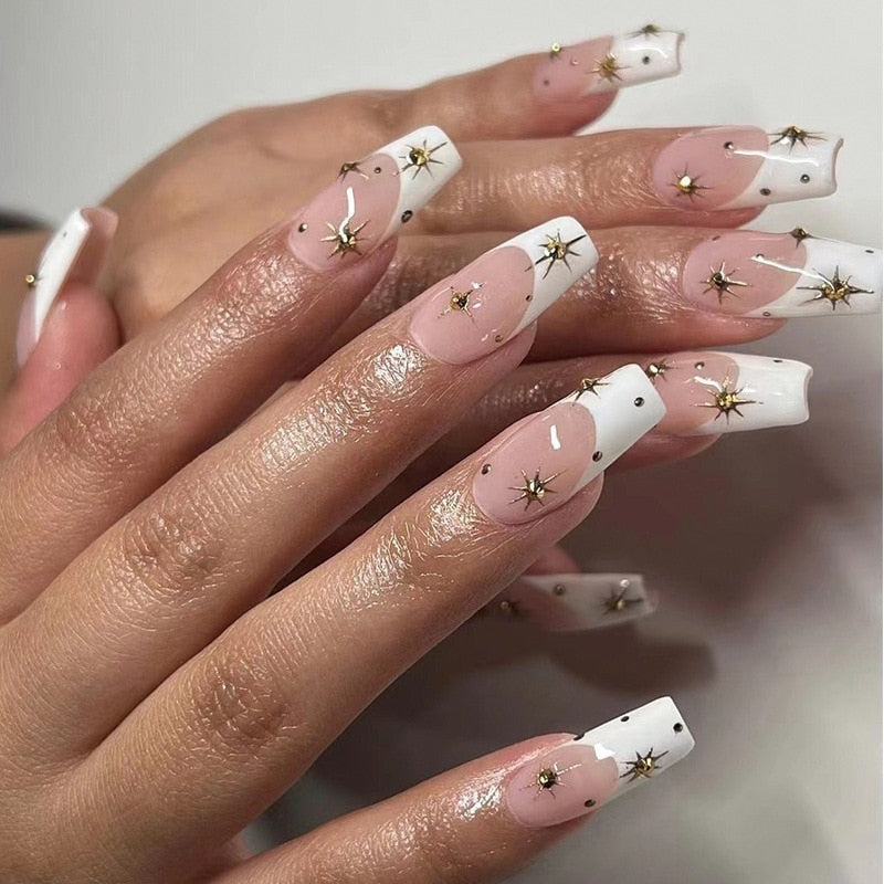 24pcs False Nails with glue flower design Long Coffin French Ballerina Fake Nails Full Cover acrylic Nail Tips Press On Nails