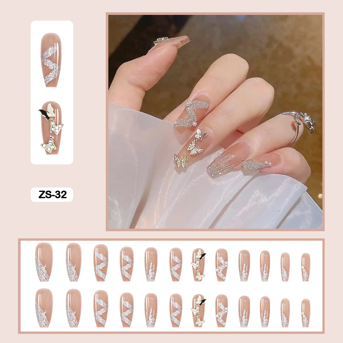 24pcs Artificial Diamond Elegant Flesh-colored Nail Art With Bowknot Fake Nails Long False Nails With Glue With Wearing Tools