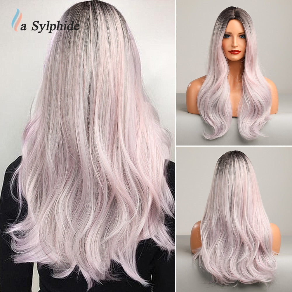 Synthetic Hair Wigs Cosplay Wig Long Wave Root Black Ombre Pink for Woman Heat Resistant Fiber Daily Party Wig