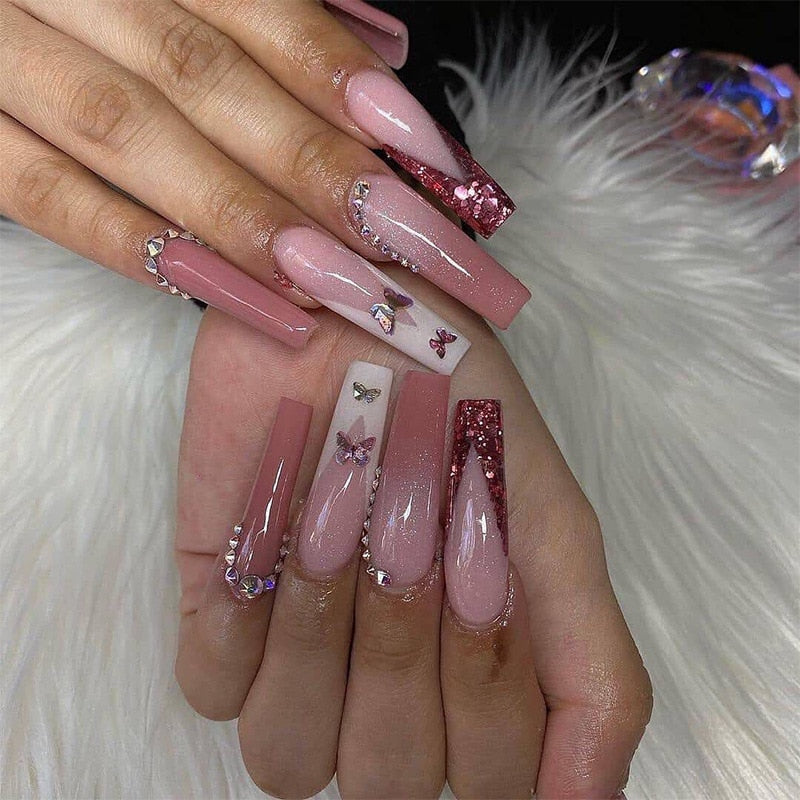 24pcs/box fake nails with Glue Detachable Long Ballerina False Nails With Design Wearable Fake Nails Full Cover