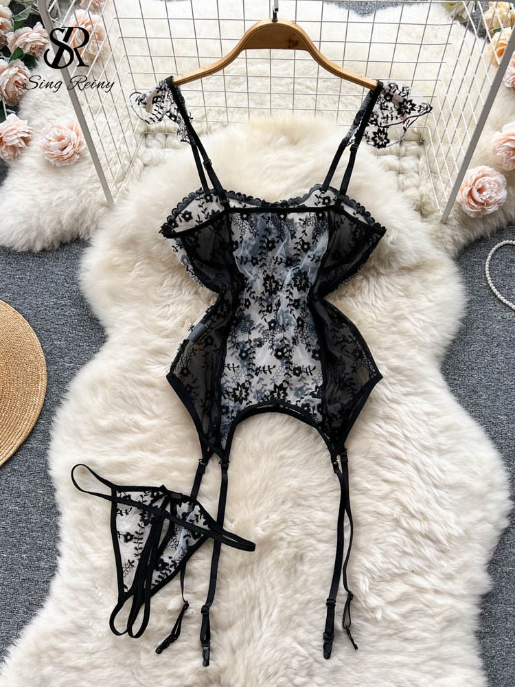 Summer Mesh Transparent Sexy Bodysuits Lace Design Backless Plasysuits Women Underwear Camis Rompers